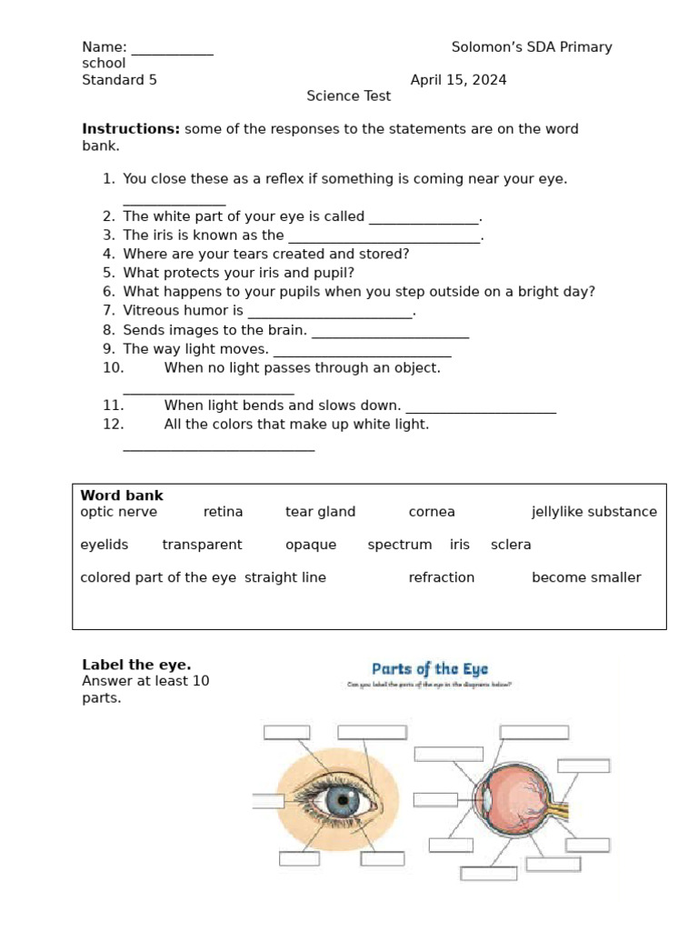 Eye Test with Word Bank Instructions | PDF