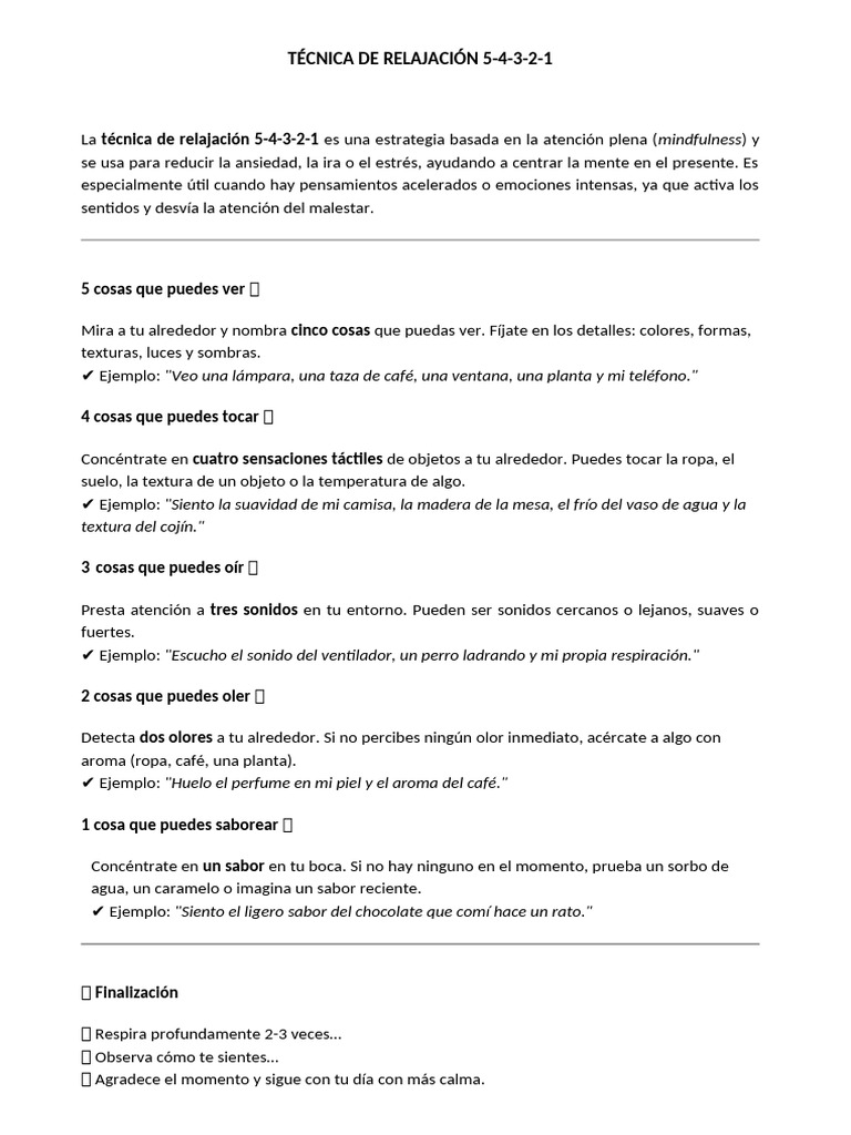 Técnica 5-4-3-2-1 para la ansiedad | PDF