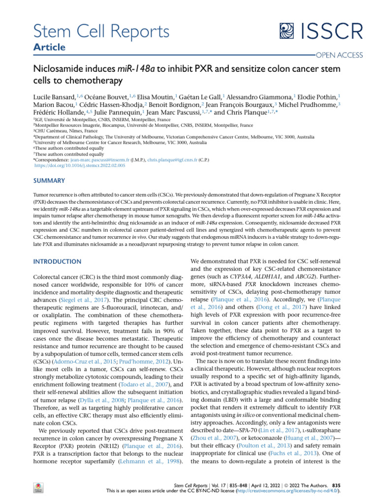 Niclosamide Sensitizes Colon Cancer Stem Cells | PDF | Micro Rna | Gene ...