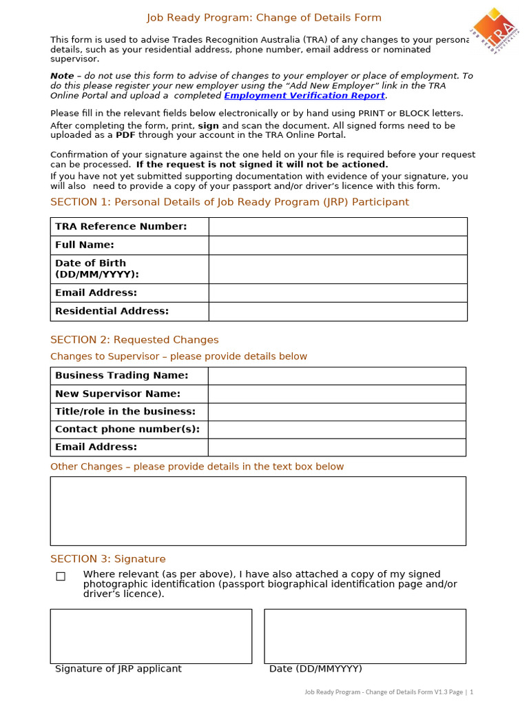 TRA Change of Details Form | PDF