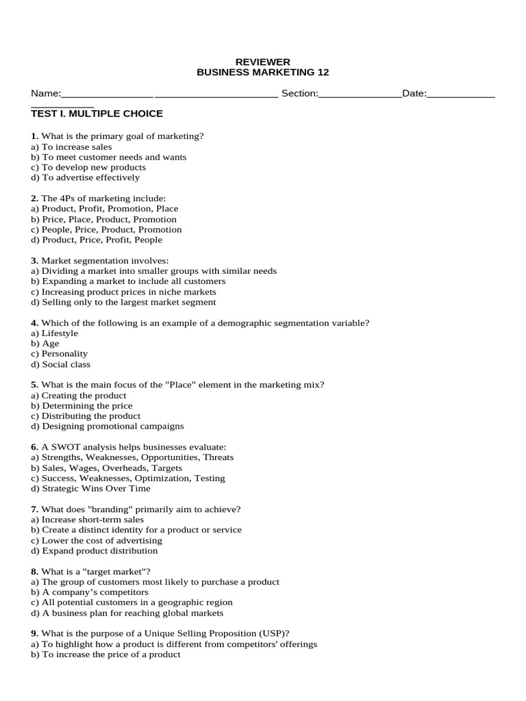 Marketing Concepts and Strategies Quiz | PDF