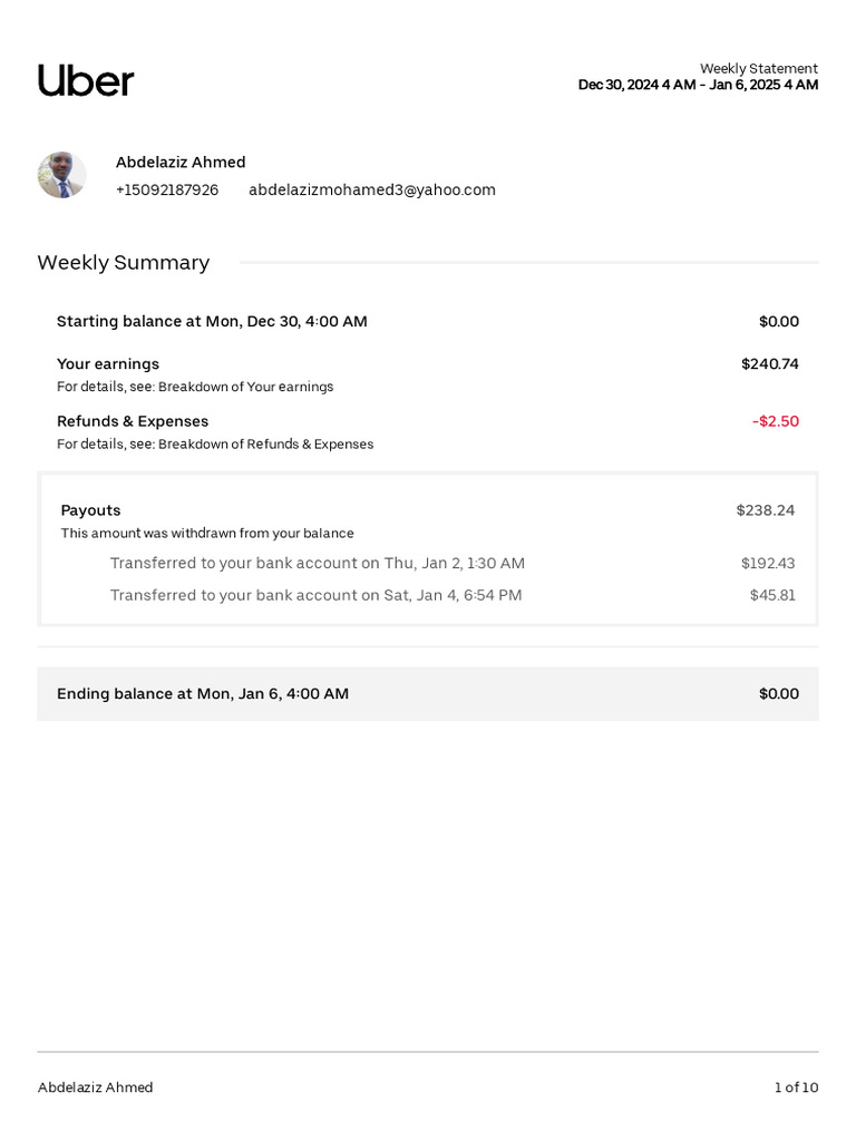Weekly Uber Earnings Statement Summary | PDF | Insurance | Fee