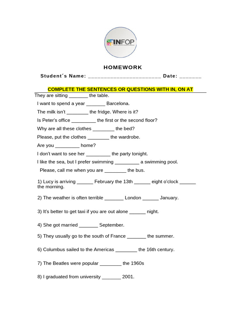 Prepositions Worksheet: In, On, At | PDF