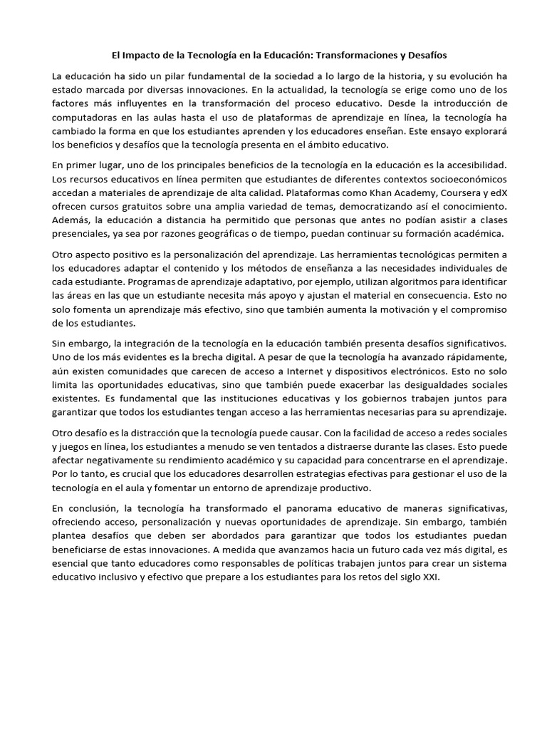 El Impacto de La Tecnología en La Educación | PDF | Aprendizaje
