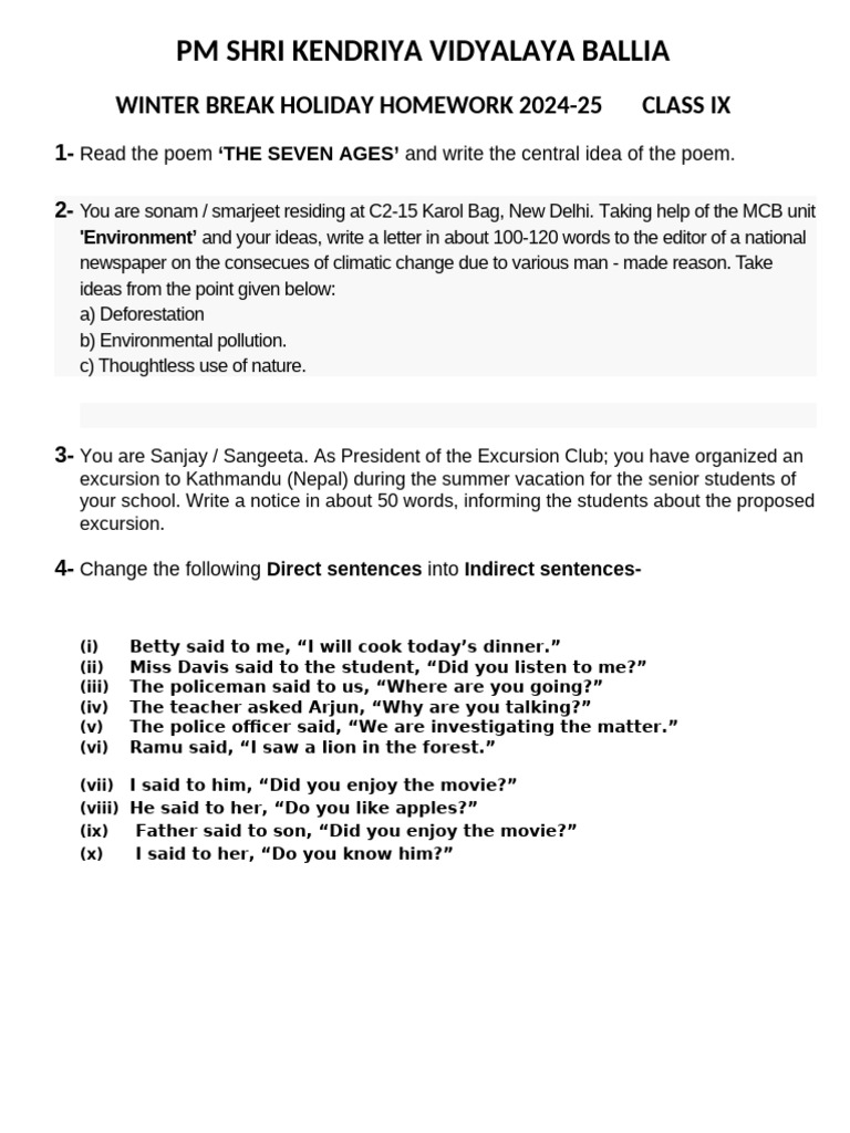 Class IX Winter Break Homework 2024-25 | PDF