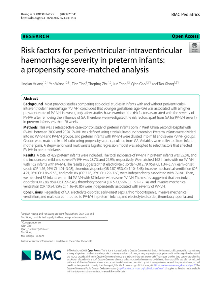 Huang - 2023 Risk Factors & Intraventricular Hemorrhage in Preterm Case ...