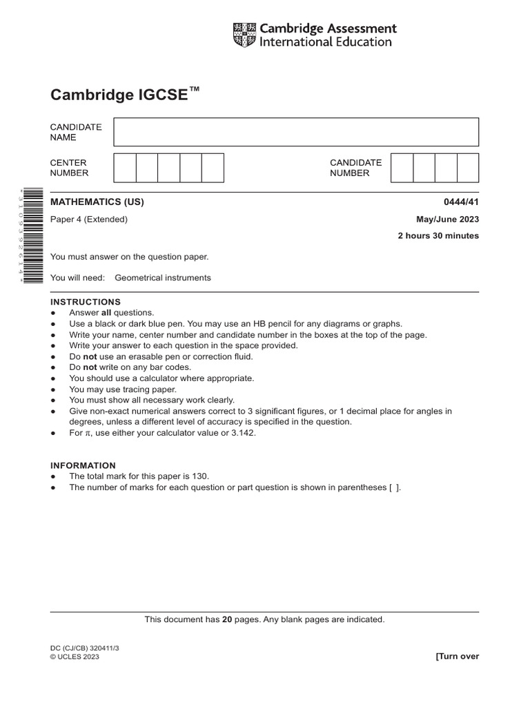 Cambridge IGCSE: Mathematics (Us) 0444/41 | PDF | Area | Circle