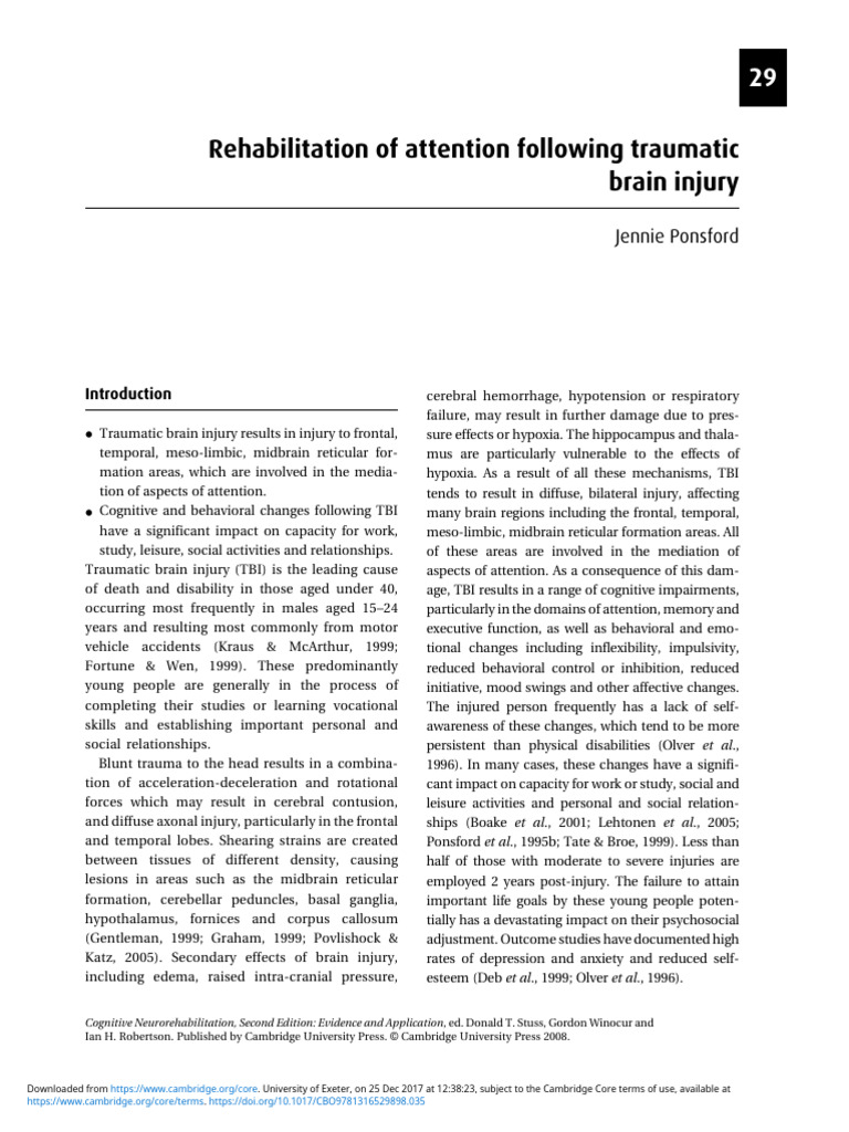 Rehabilitation of Attention Following Traumatic Brain Injury | PDF ...