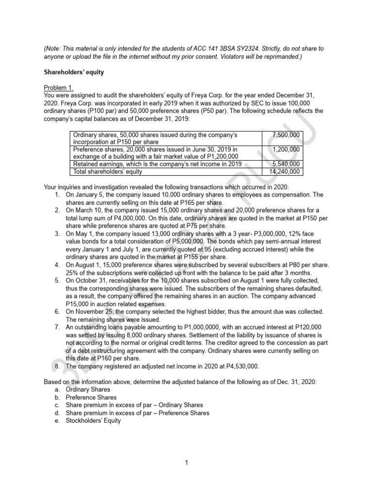 Shareholders' Equity Audit Problems | PDF | Treasury Stock | Preferred ...