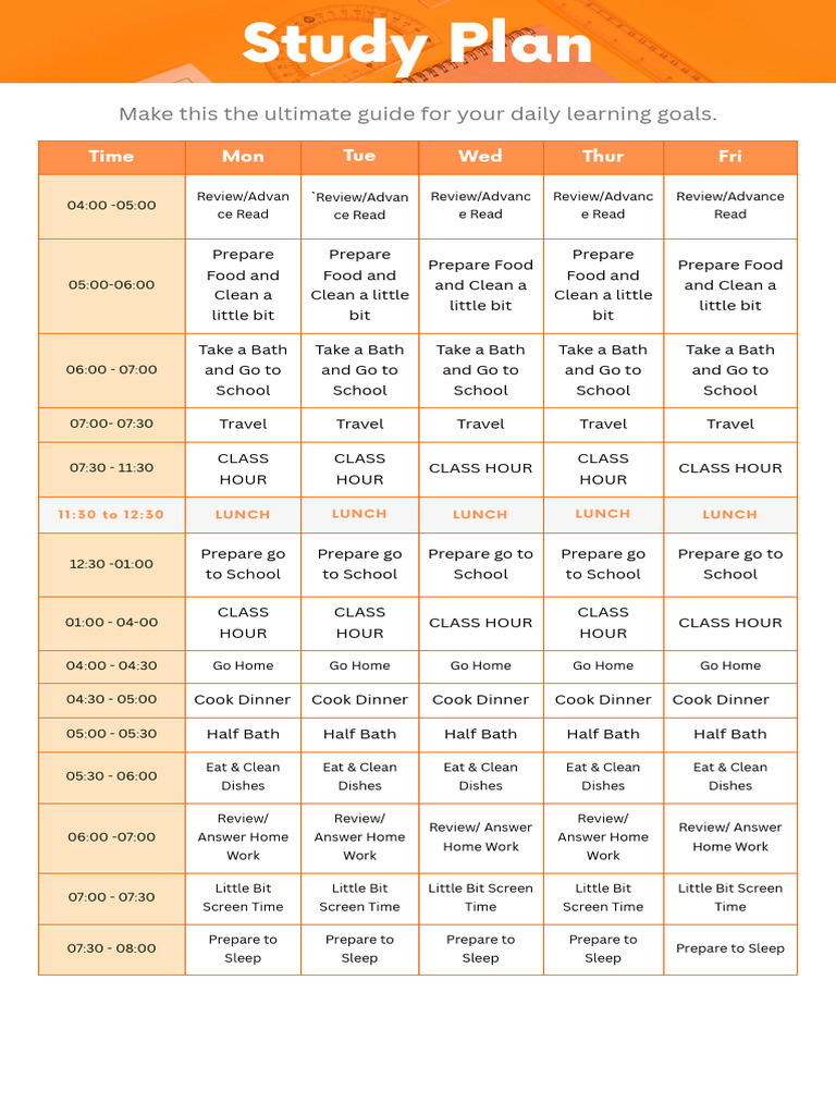 Weekly Study and Daily Routine Plan | PDF | Lunch | Cuisine
