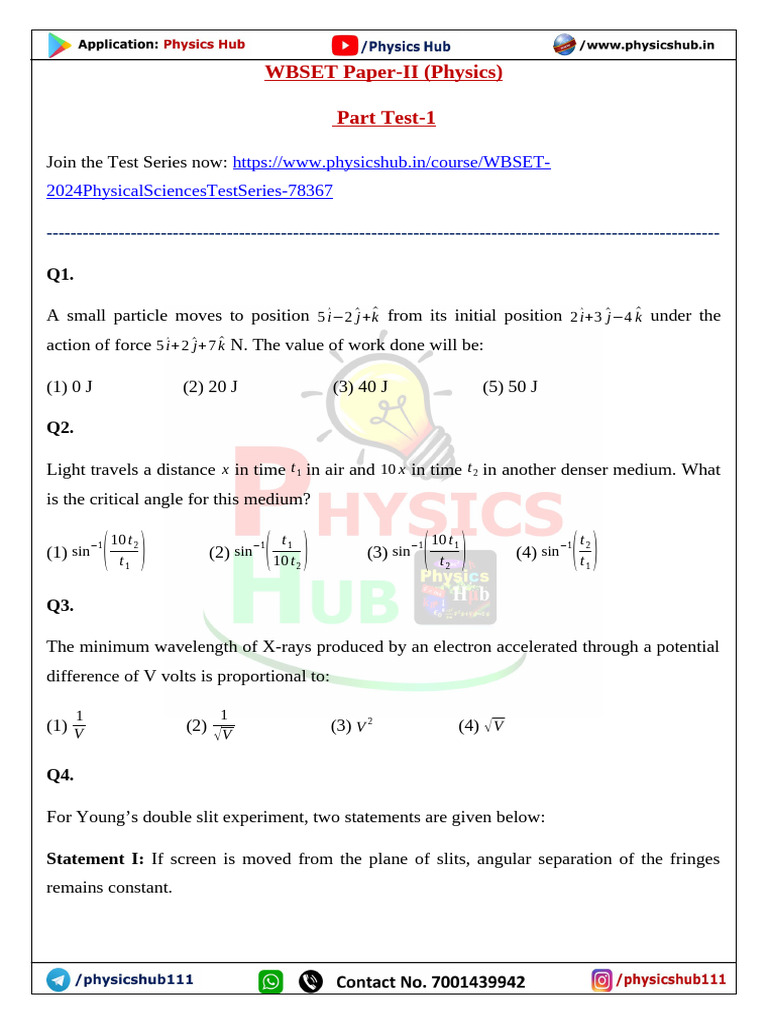 WBSET Physics Test Series | PDF | Equations | Wavelength