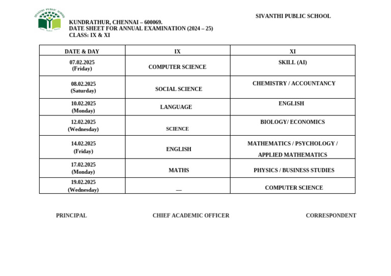 Annual Exam Date Sheet 2024-25: IX & XI | PDF