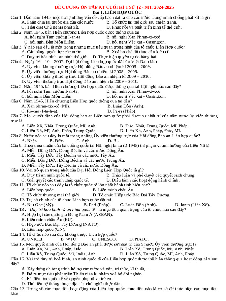 On Tap KT Cuoi Ki 1 Su 12 | PDF