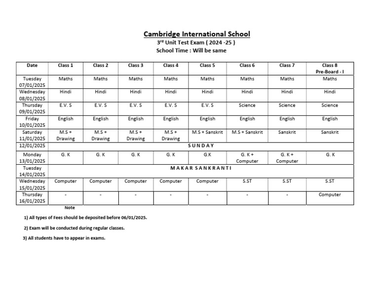 Class 3 Exam Schedule 2025 | PDF