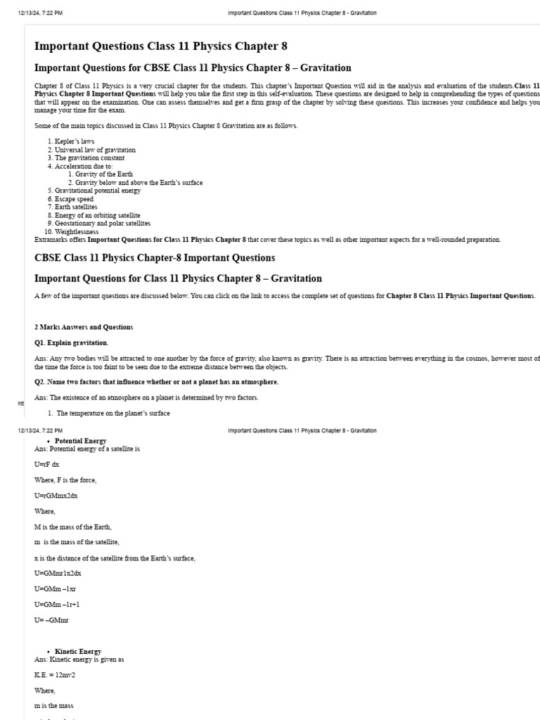 Class 11 Gravitation Important Questions | PDF | Mass | Gravity