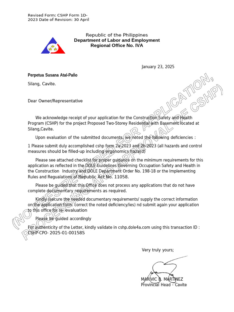 CSHP Application Deficiency Notice | PDF