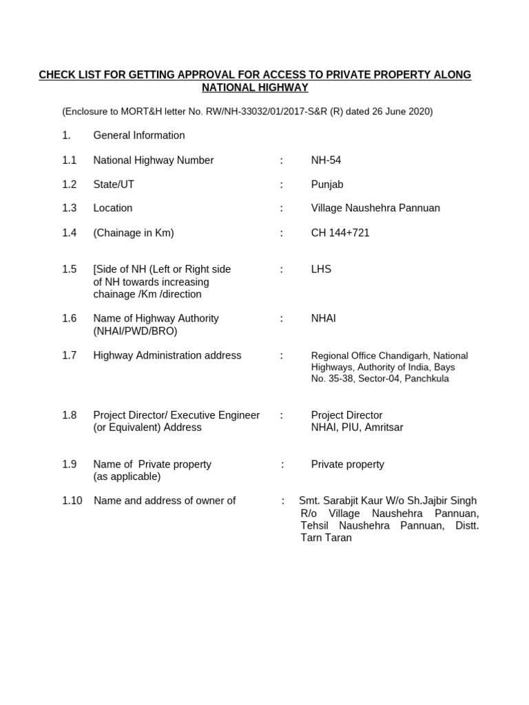 Approval Checklist for NH-54 Access | PDF | Road | Acceleration