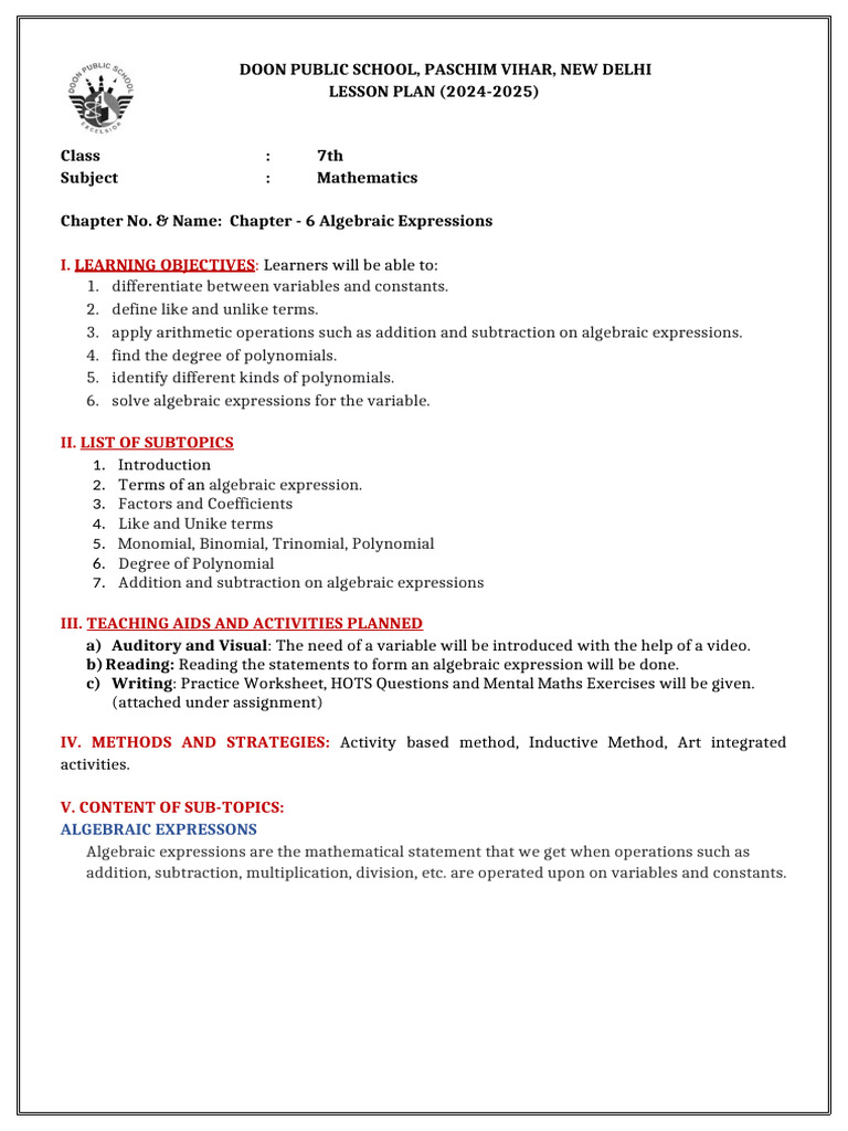 Class 7 Algebraic Expressions Plan | PDF | Factorization | Polynomial