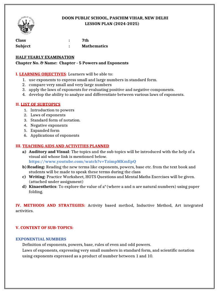 Class 7 Exponents and Powers Plan | PDF | Exponentiation | Arithmetic