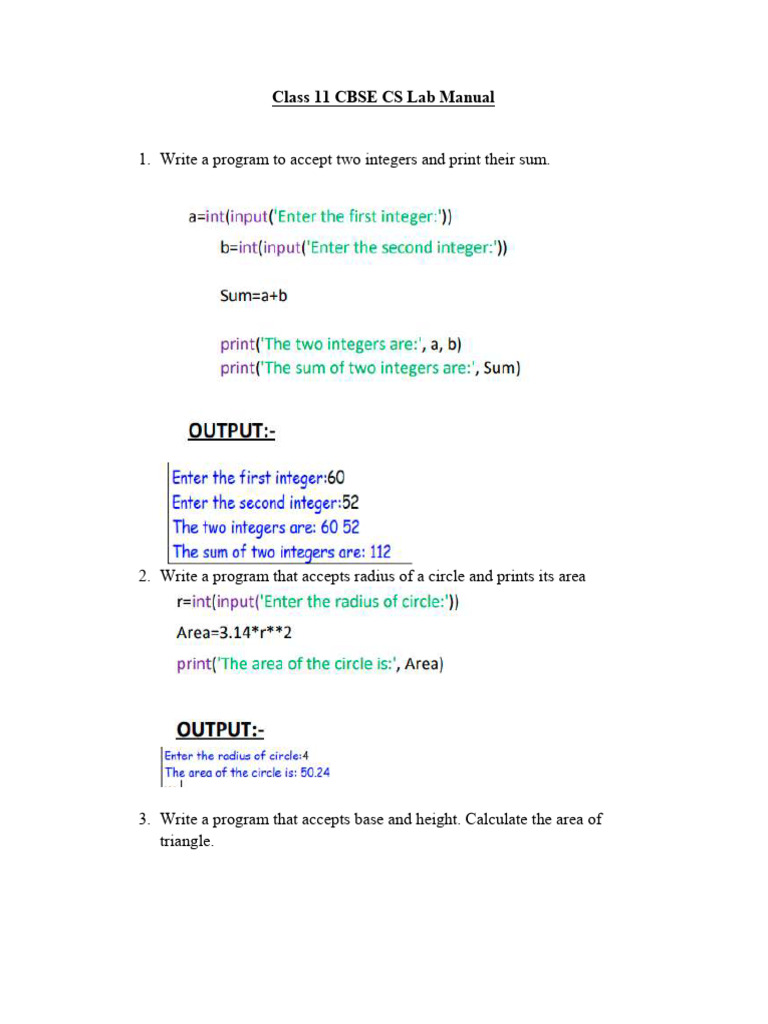 Class 11 CBSE CS Lab Programs Guide | PDF