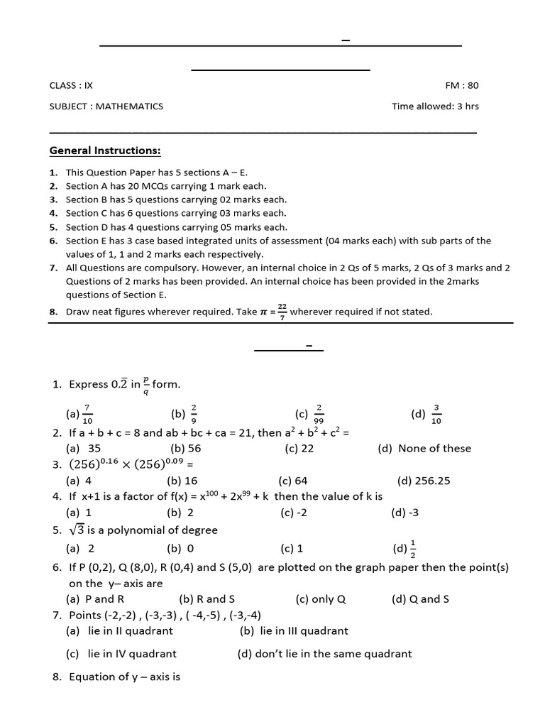 class 9 sample paper | PDF | Area | Cartesian Coordinate System