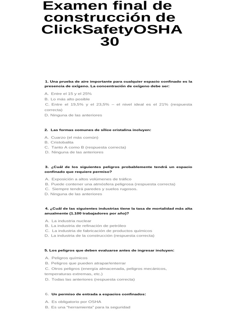 Respuestas Examen Final OSHA 30 | PDF | Administración de Seguridad y Salud Ocupacional | Radiación