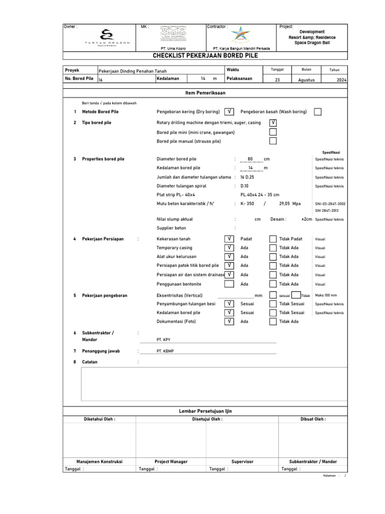 Checklist Pekerjaan Bored Pile 2024 | PDF