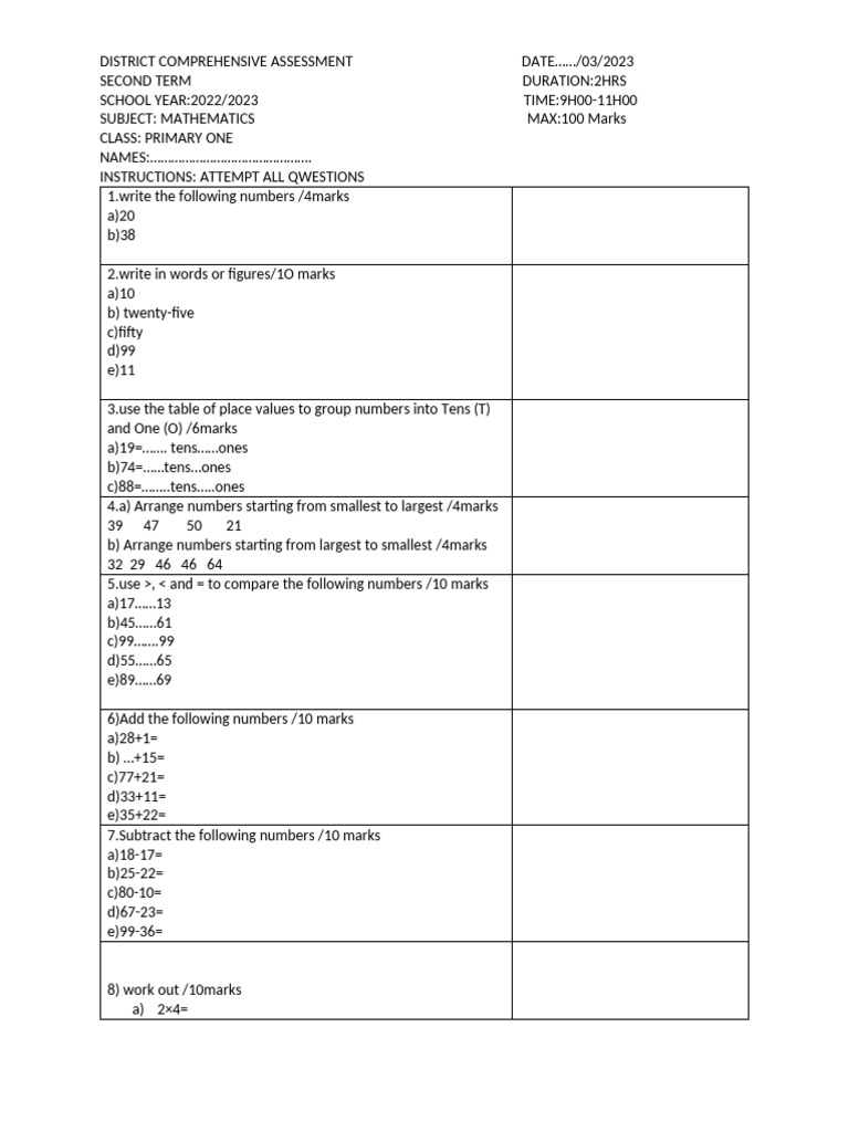 P1 Maths Exam Pdf Mathematics Educational Assessment And Evaluation
