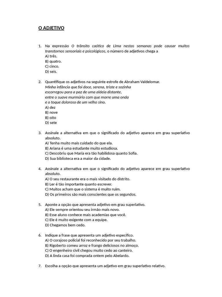 Separada - Exercícios Sobre Adjetivos | PDF | Adjetivo