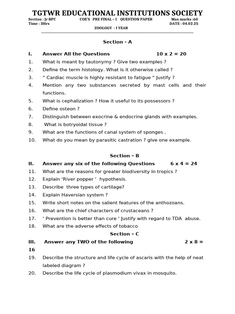 Zoology Exam For Junior Students Pdf