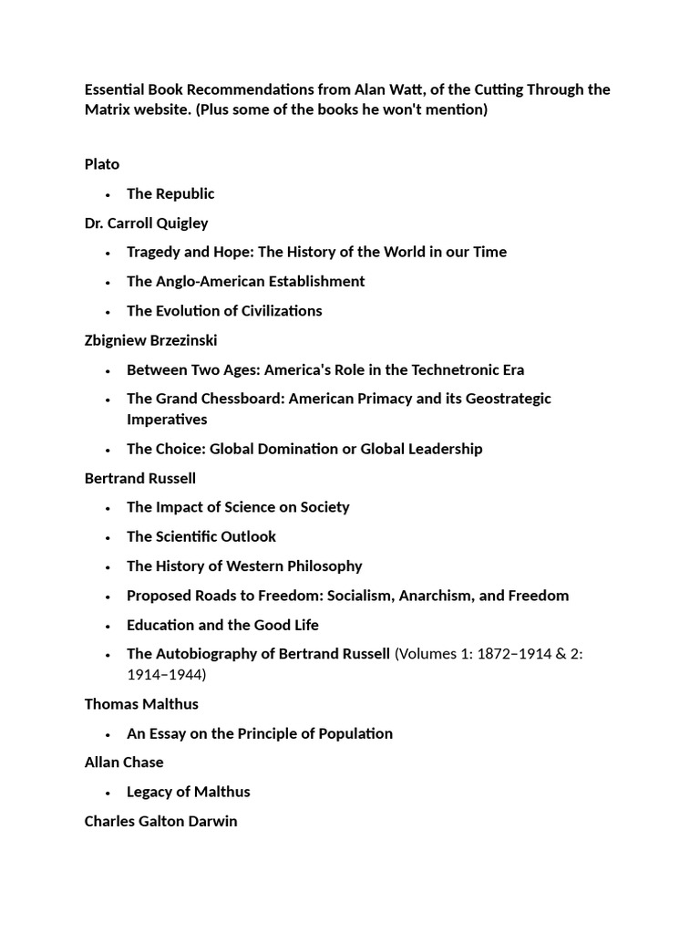 Alan Watt's Essential Book List | PDF