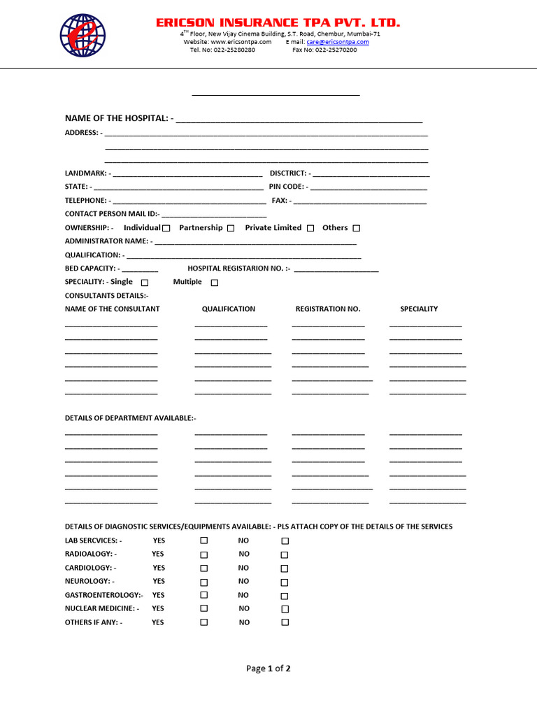 Ericson TPA Hospital Information Form | PDF | Clinical Medicine ...