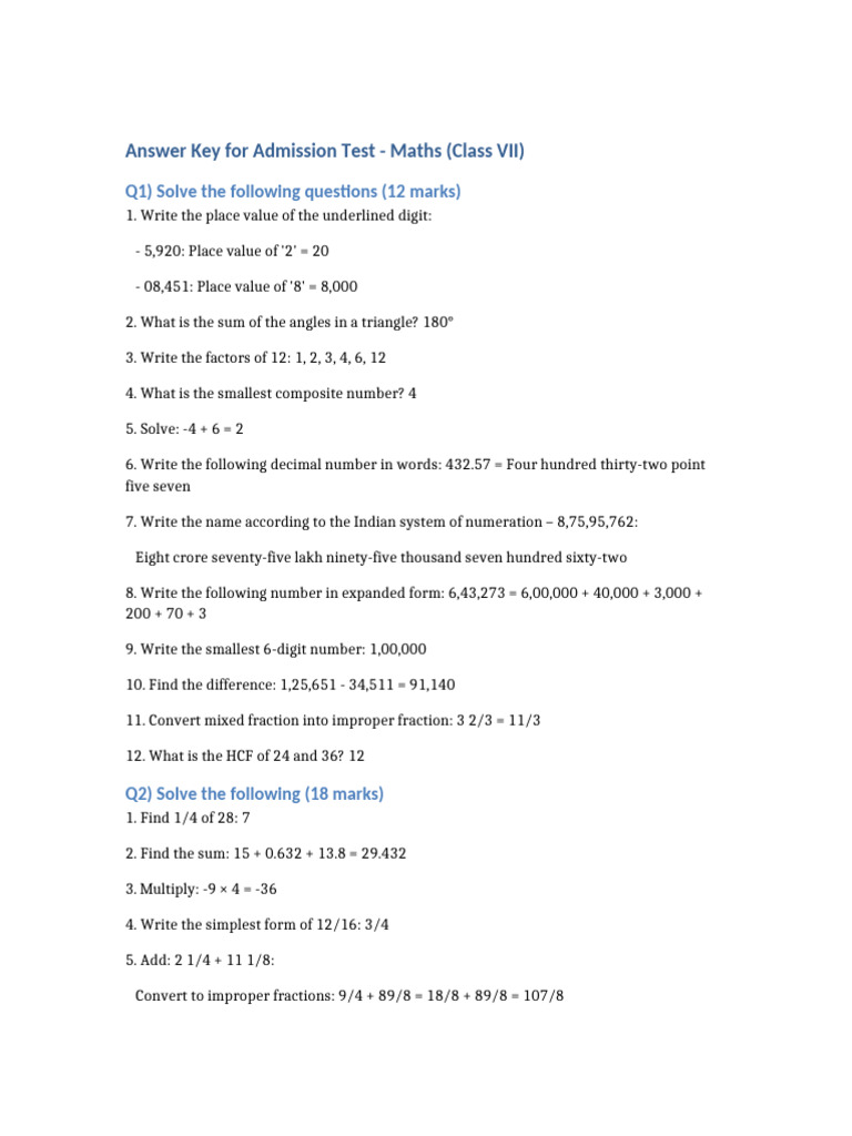 Maths Admission Test Answer Key | PDF
