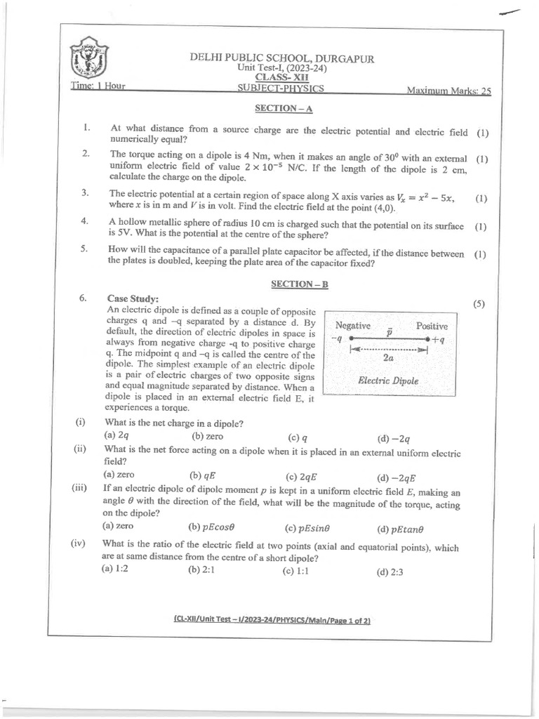 Class 12 Unit Test 1 Physics 2023-24 | PDF