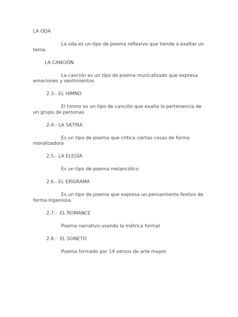 Tipos de Poemas: Oda, Canción y Más | PDF