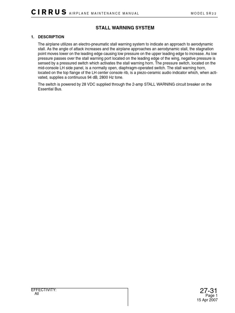 Cirrus SR22 Stall Warning System Guide | PDF | Switch | Manufactured Goods