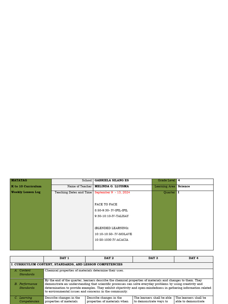 Grade 4 Science Weekly Lesson Plan | PDF | Learning | Waste