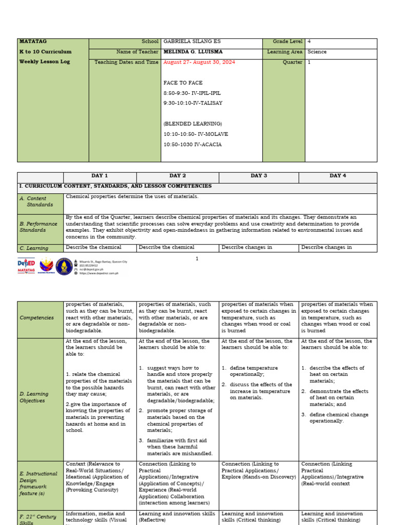 Grade 4 Science Weekly Lesson Plan | PDF | Learning | Waste