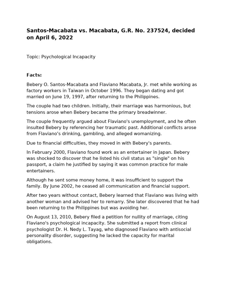 Supreme Court Ruling on Psychological Incapacity | PDF | Burden Of ...