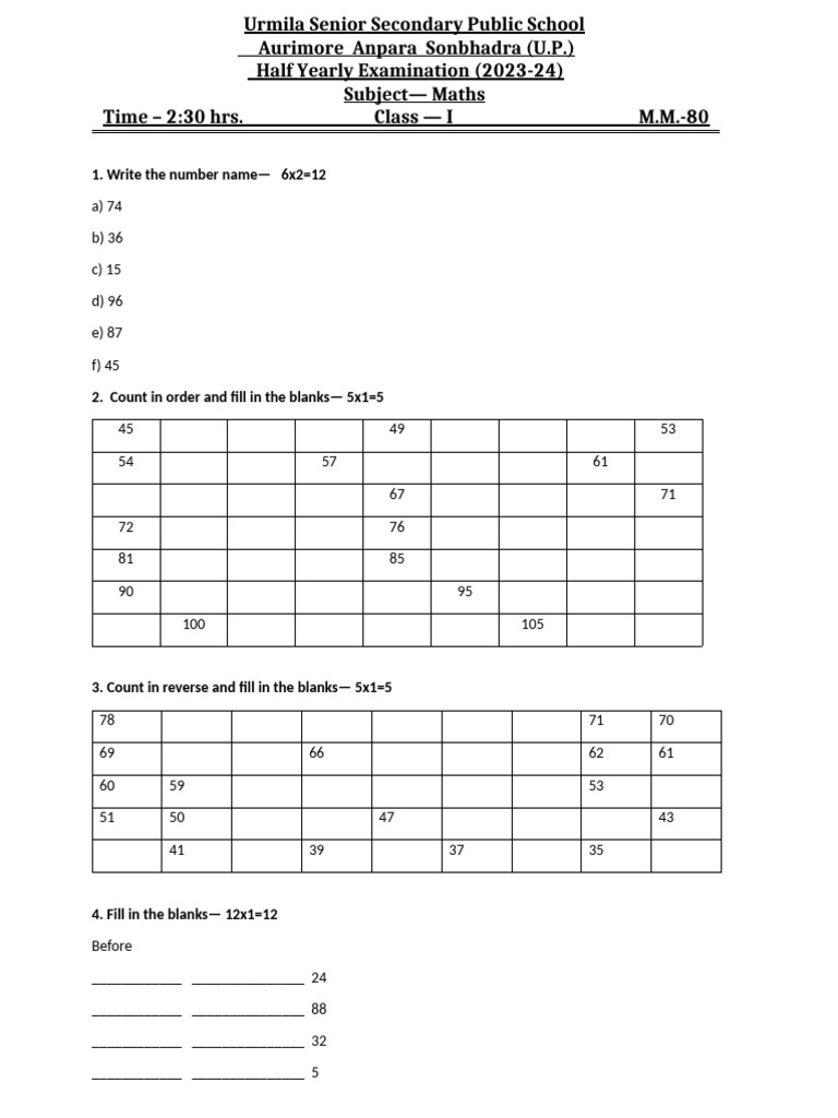 1 Maths HY 23 24 | PDF