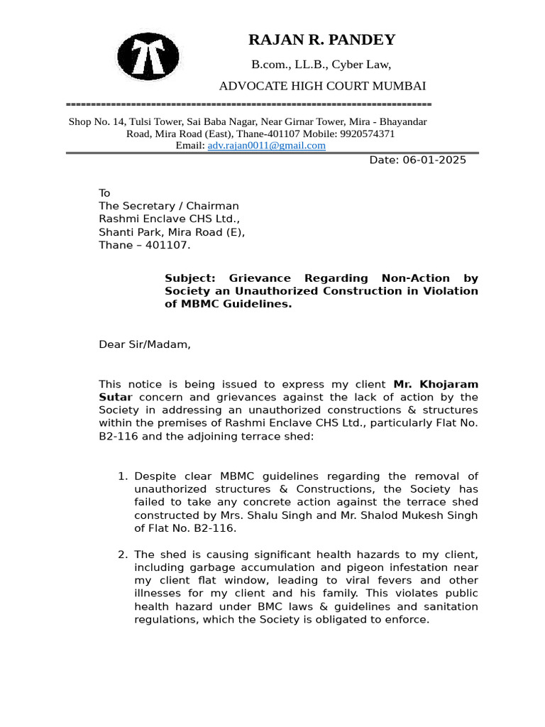 Adv Letter To Rashmi Enclave Soc Behalf of Khojaram | PDF | Justice ...