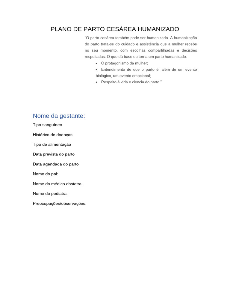 Plano de Parto Cesárea Humanizado | PDF | Parto | Cesariana