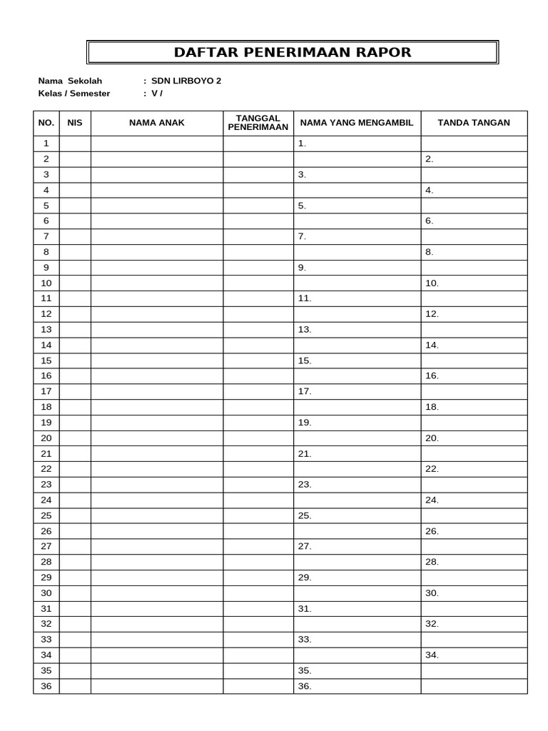 Daftar Penerimaan Rapor Kelas V SDN Lirboyo 2 | PDF