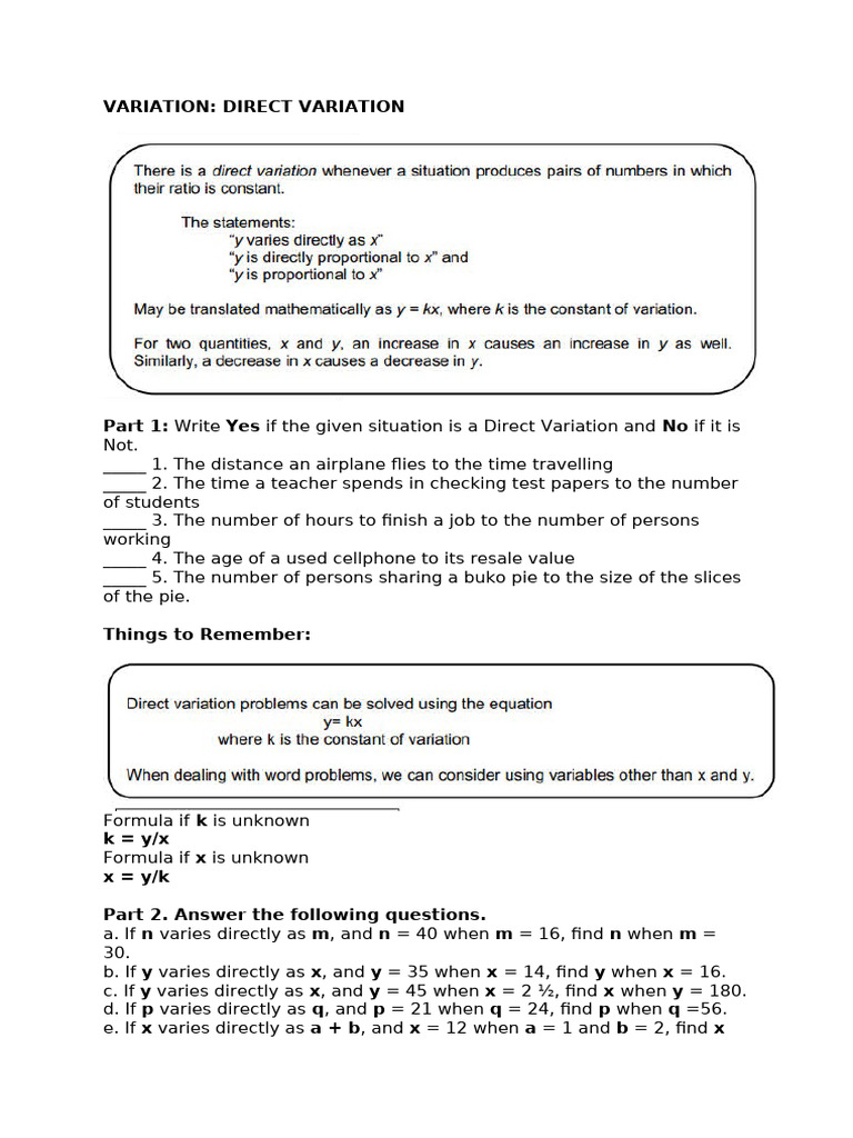 Direct Variation | PDF