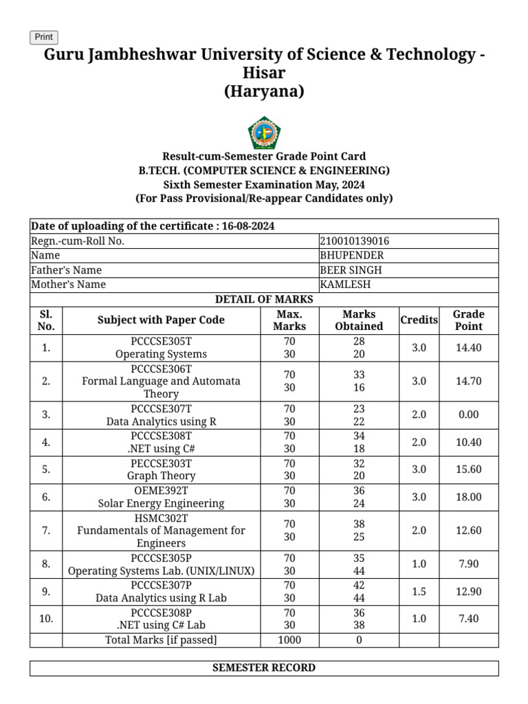 B.Tech CSE 6th Sem Result 2024 | PDF | Science | Computer Science