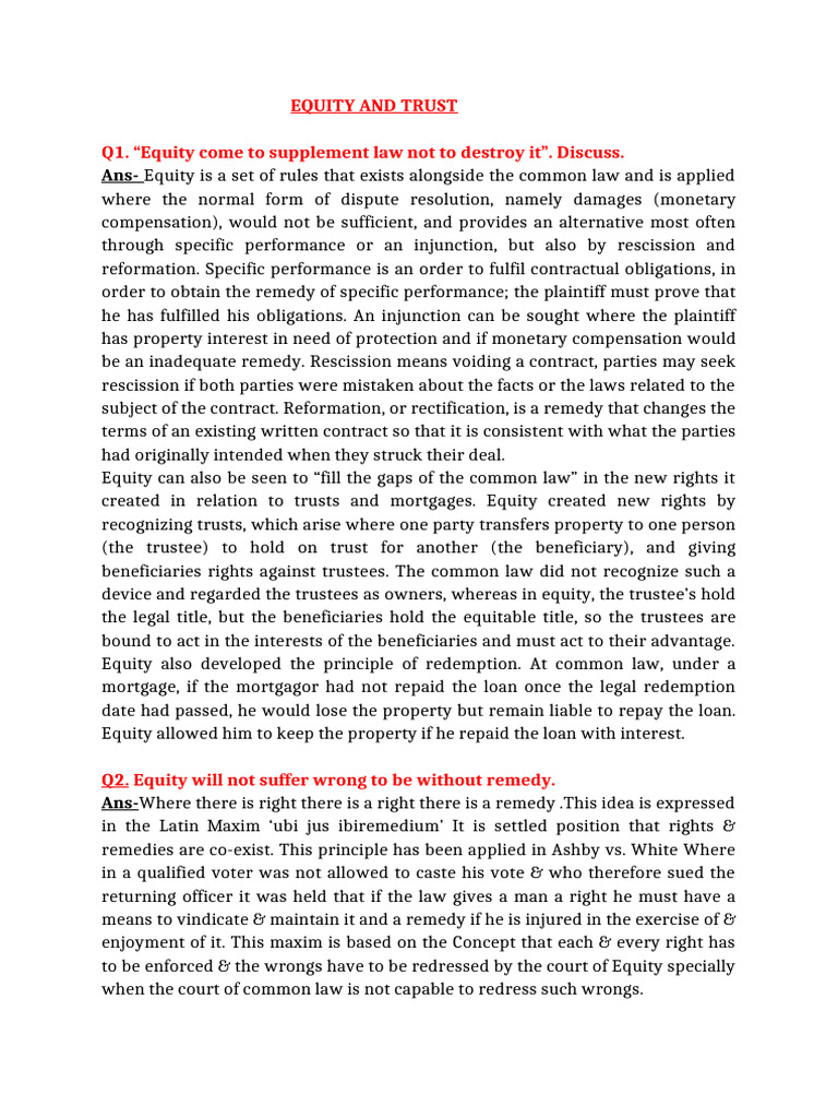 Equity And Trust Law Notes Pdf Equity Law Laches Equity