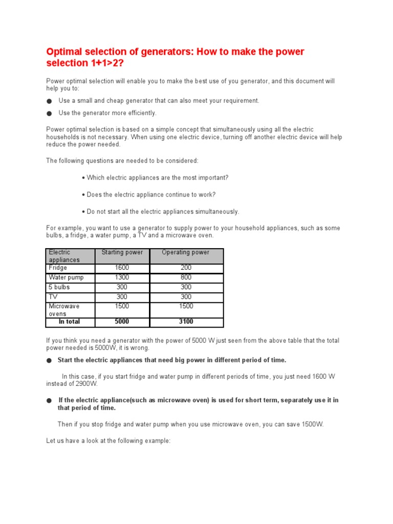 Generator Selection for Optimal Power Use | PDF | Home Appliance ...