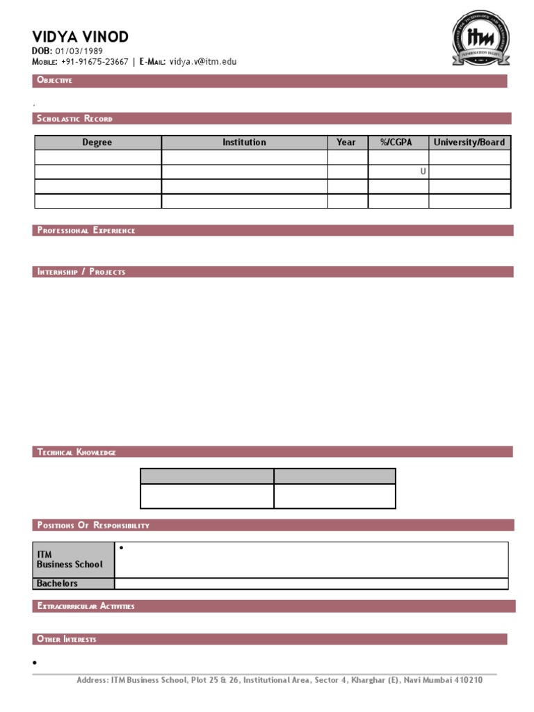 Format Of Cv Pdf
