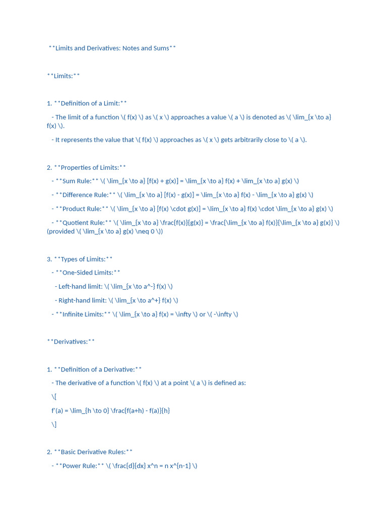 Limits and Derivatives Overview | PDF | Derivative | Calculus