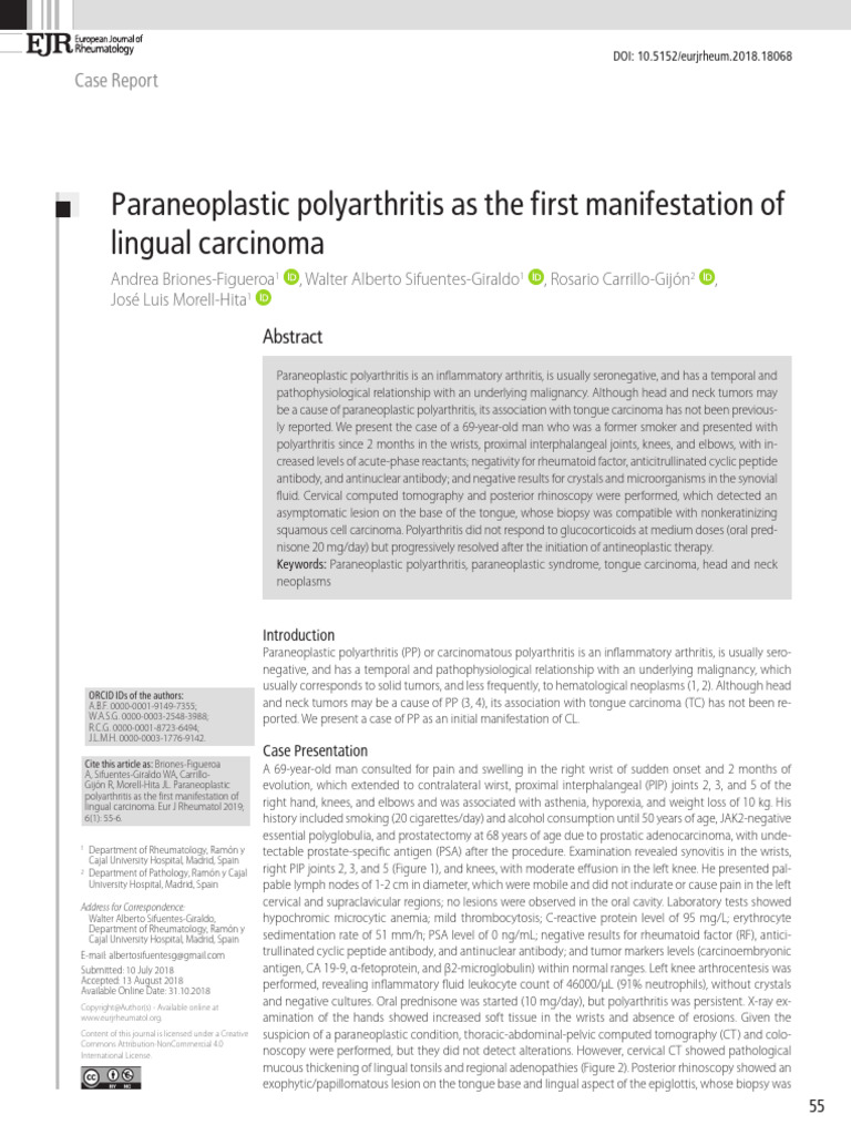 Paraneoplastic Polyarthritis As The First Manifestation of Lingual ...